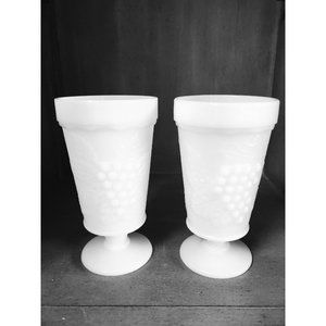 Vintage Pair Anchor Hocking Milk Glass Harvest Grape Footed Water Milk Tumblers